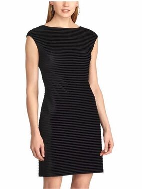 Chaps Women's Striped Velvet Sleeveless Sheath Dress in black.